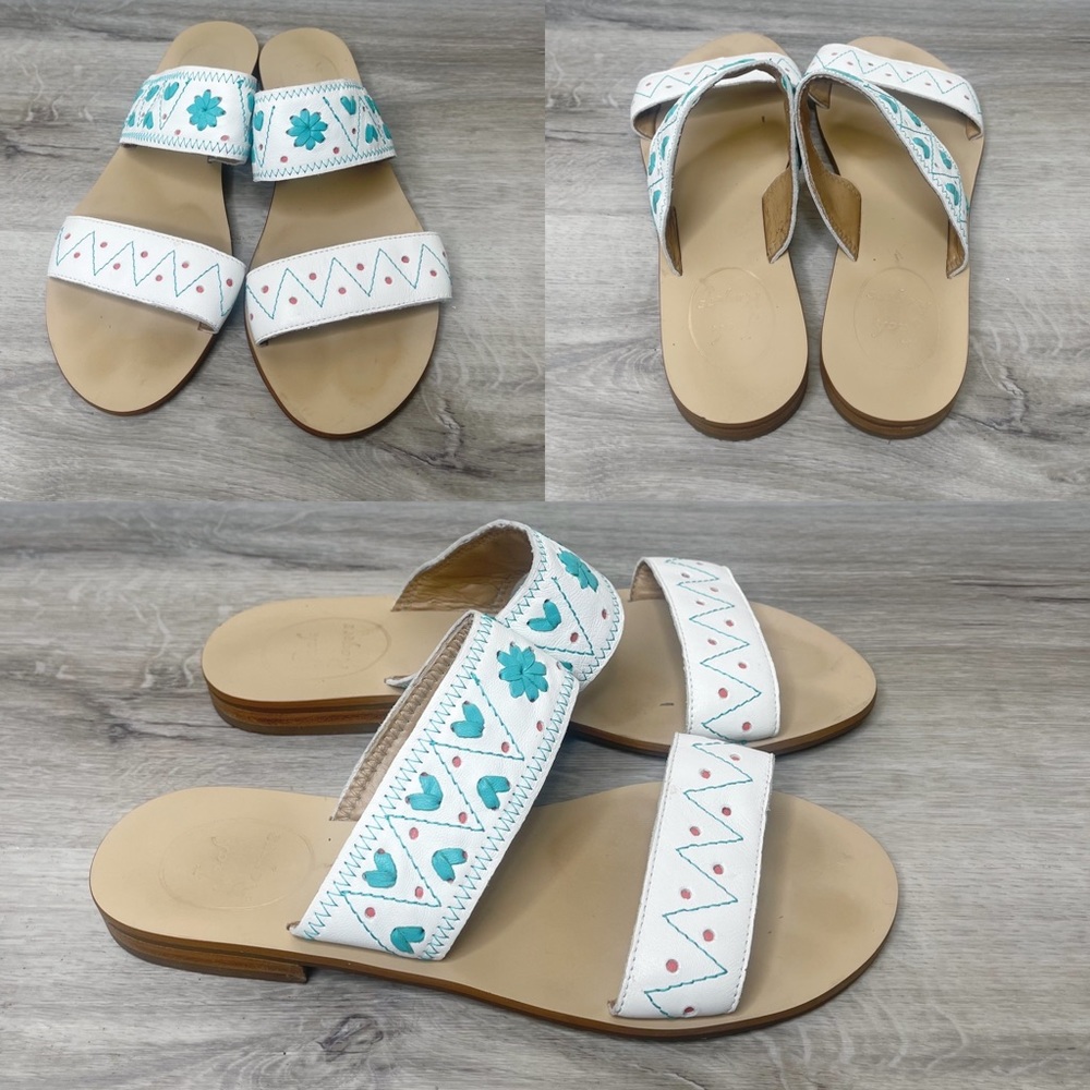 Jack Rodgers Adair Flat Leather Embroidered Sandal Caribbean Blue Teal White 7